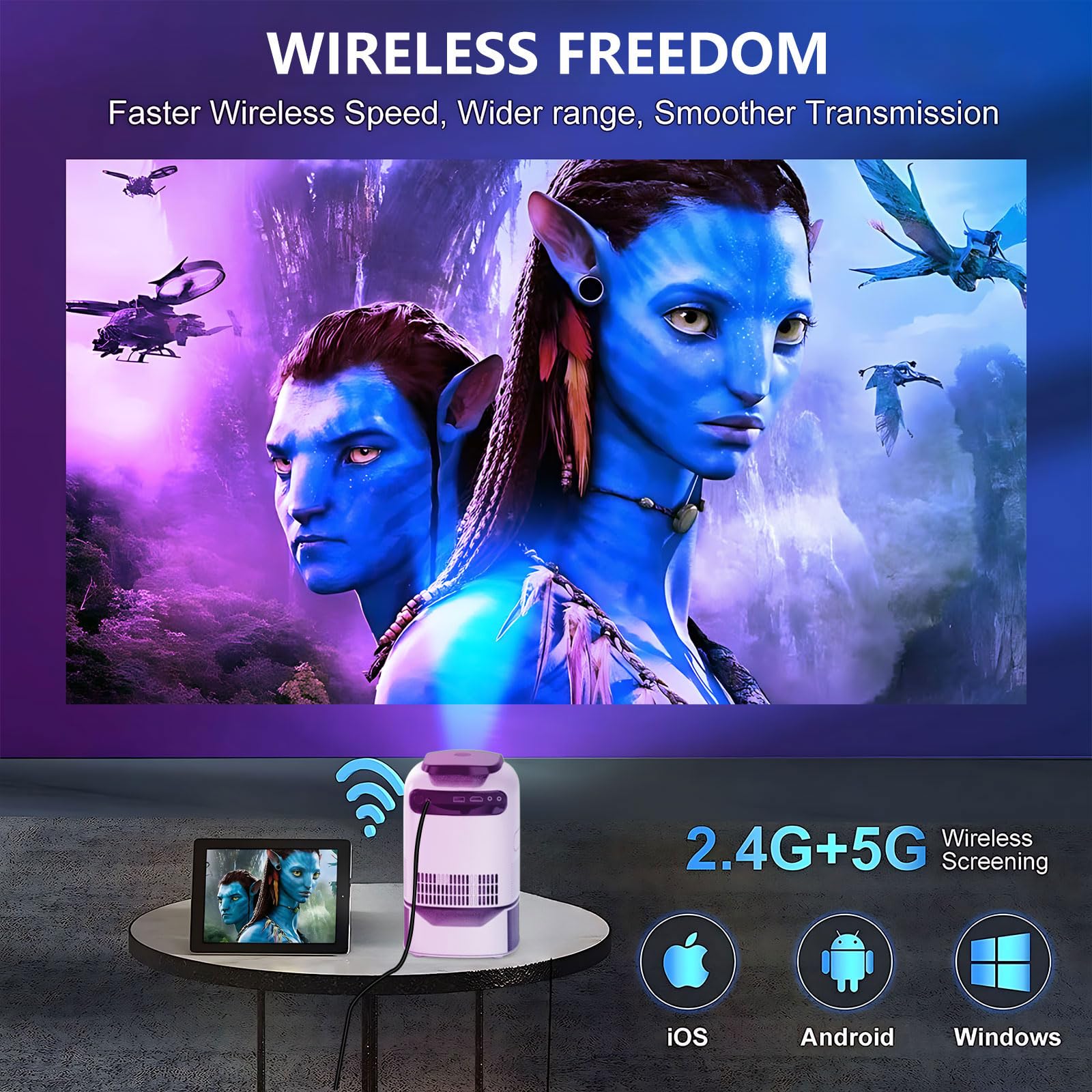 Unitedtime 1080P WiFi Bluetooth Projector with 4K Support, Built-in Stand - Home Theater Projector for Movies, Gaming, Streaming | Compatible with HDMI, USB, PC, TV Box, iOS & Android Devices (White_TS1) - Perfect for Home Entertainment, Outdoor Movie Nights, and Office Presentations