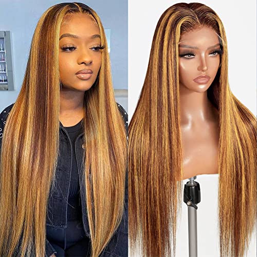 Flady Honey Blonde Lace Front Wig - 100% Human Hair, Pre-Plucked 150% Density, Ombre Highlight, HD Lace Frontal with Baby Hair, Transparent Straight Lace Wig - Perfect for Cosplay, Daily Wear & Special Occasions