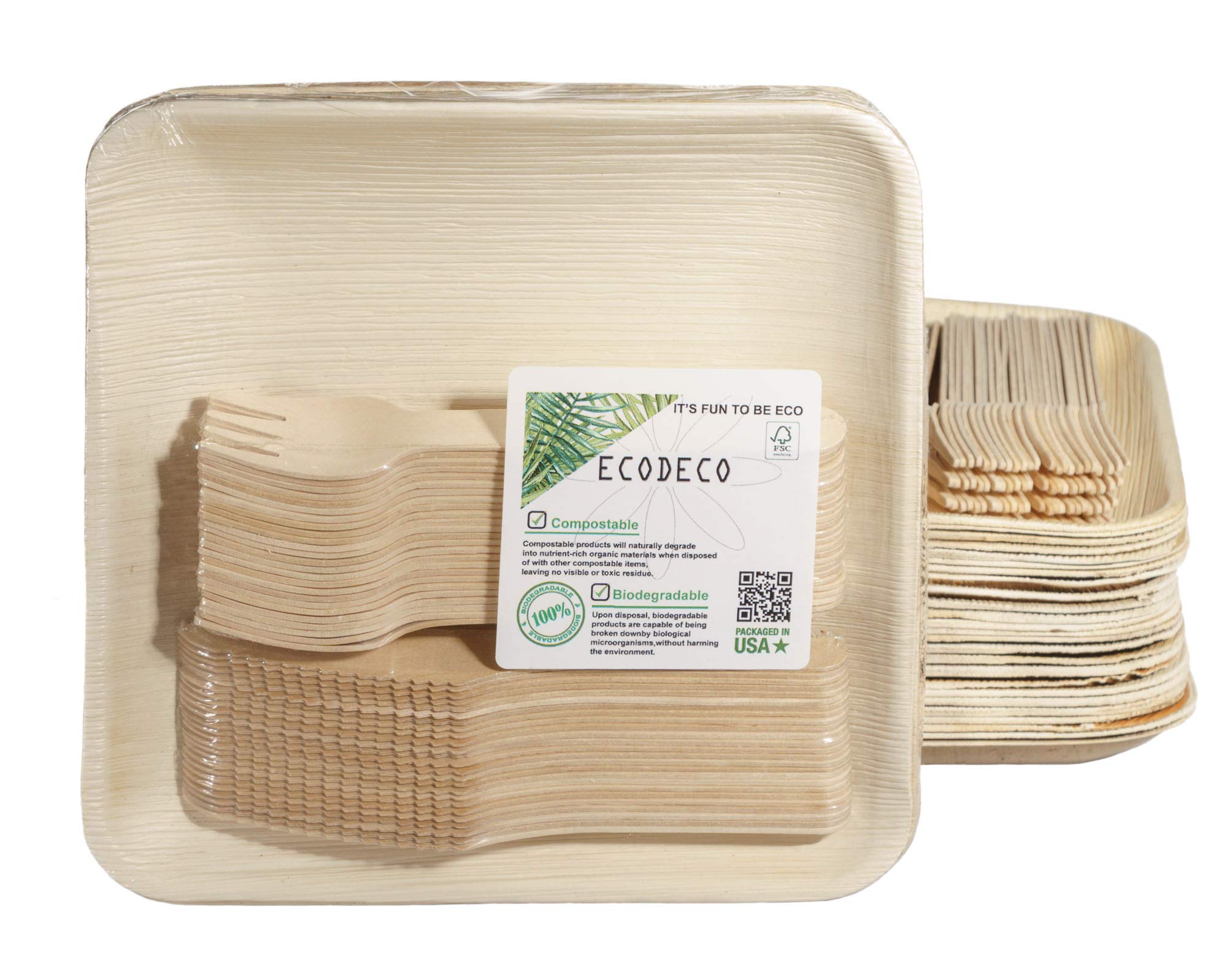 Eco-Friendly Palm Leaf Compostable Plates - 50 Pack Square Disposable Dinnerware Set with Cutlery - 8 Inch Biodegradable Plates for Parties, Picnics & Sustainable Events