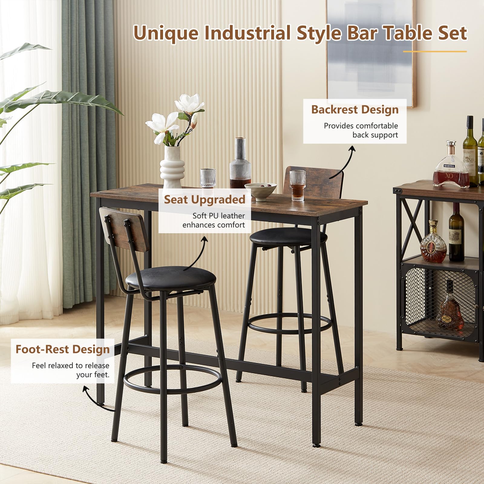 Industrial 3-Piece Bar Table Set with 2 Stools - Tatub Counter Height Small Dining Table & Chairs in Brown | Perfect for Kitchen, Breakfast Nook & Small Space Living