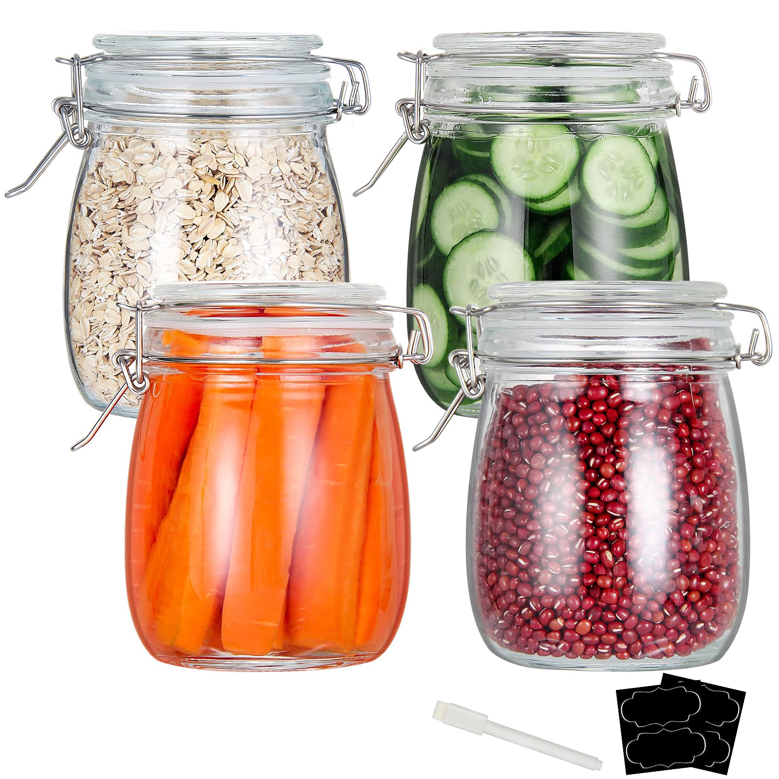YEBODA 24oz Glass Food Storage Containers with Airtight Lids - Clear Round Canister Jars with Silicone Gaskets & Clamp Locks (4 Pack) - Perfect for Flour, Sugar, Coffee, Tea, Spices & Pantry Organization