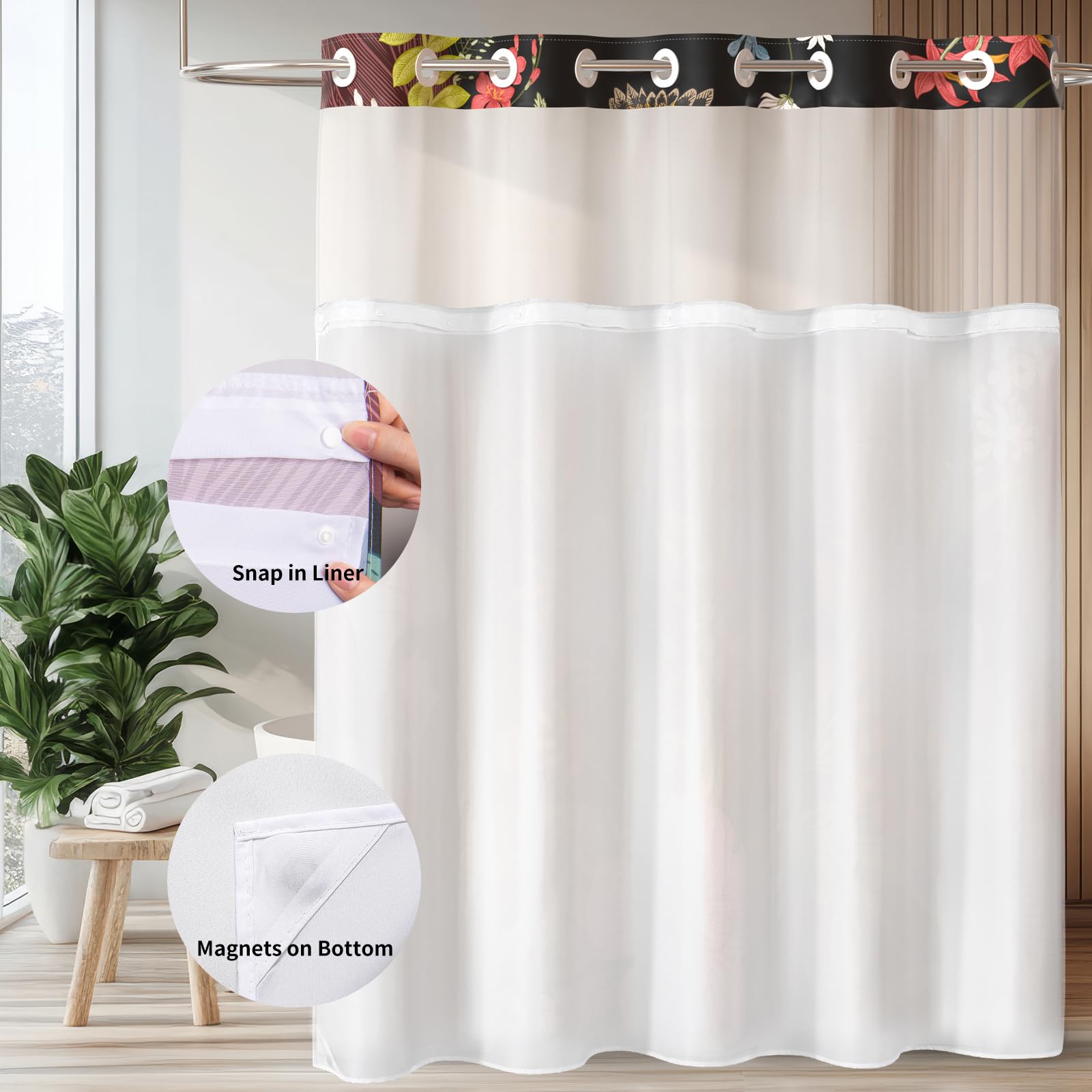 Floral Shower Curtain with Snap-in Liner - Waterproof Fabric Bathroom Curtain Set with Mesh Top Window, 72x75 Inch, No Hooks Needed - Perfect for Modern Bathrooms, Guest Baths & Spa-Like Showers