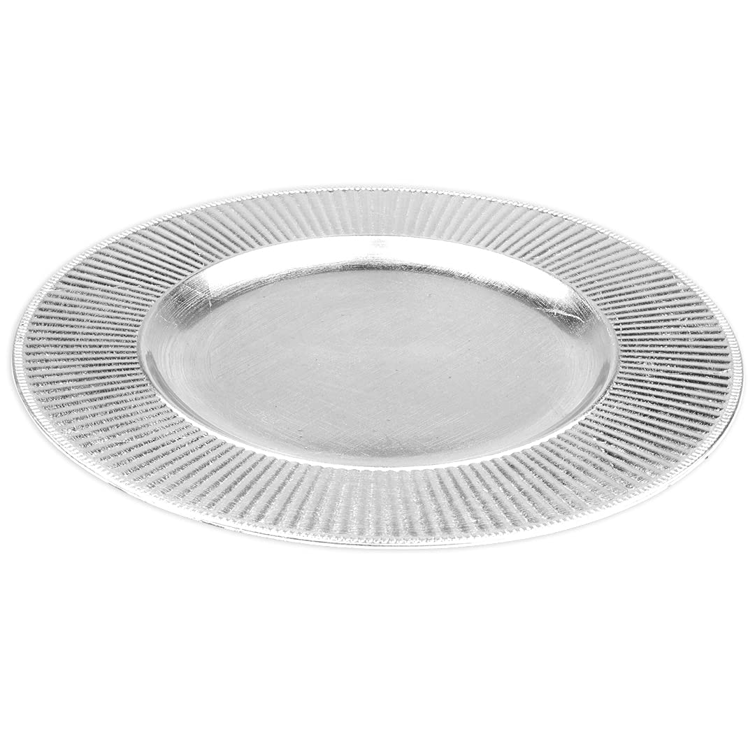 Koyal Wholesale 4-Pack Silver Ribbed Charger Plates - French Style Ornate Dinnerware for Rustic Farmhouse Table Decor - Perfect for Weddings, Parties & Holiday Dining