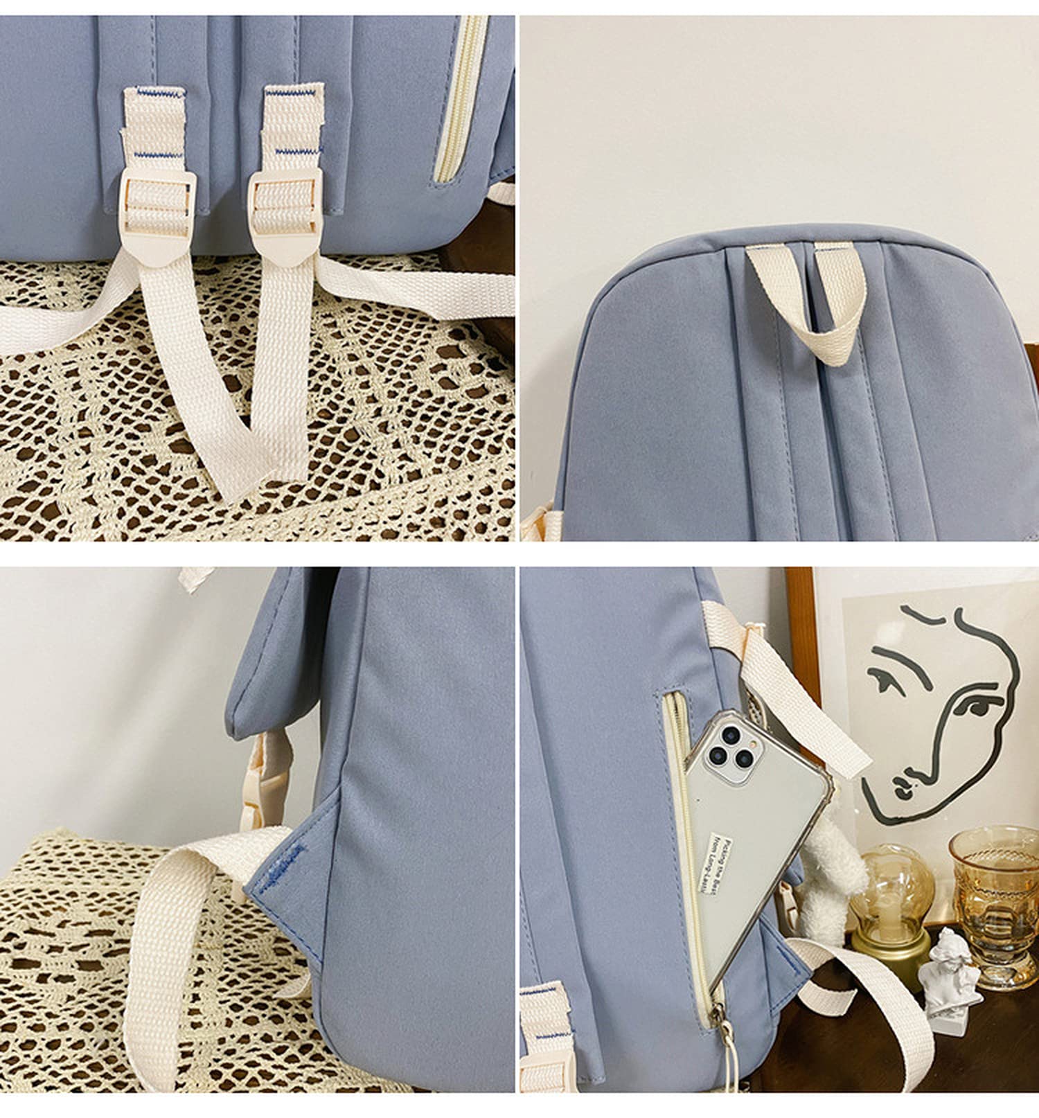 Cute Aesthetic Kawaii Backpack for School with Adorable Pin Accessories - Light Beige One Size - Perfect for Girls, Teens & College Students