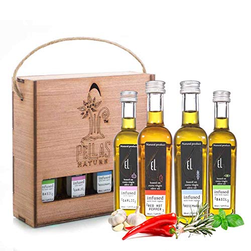 Organic Greek Extra Virgin Olive Oil Set - Infused with Basil Garlic, Red Pepper & Rosemary | All-Natural Finishing Oil | Wooden Gift Box | 4 x 1.7oz Bottles (Pack of 3) | Perfect for Salads, Pasta & Gourmet Cooking