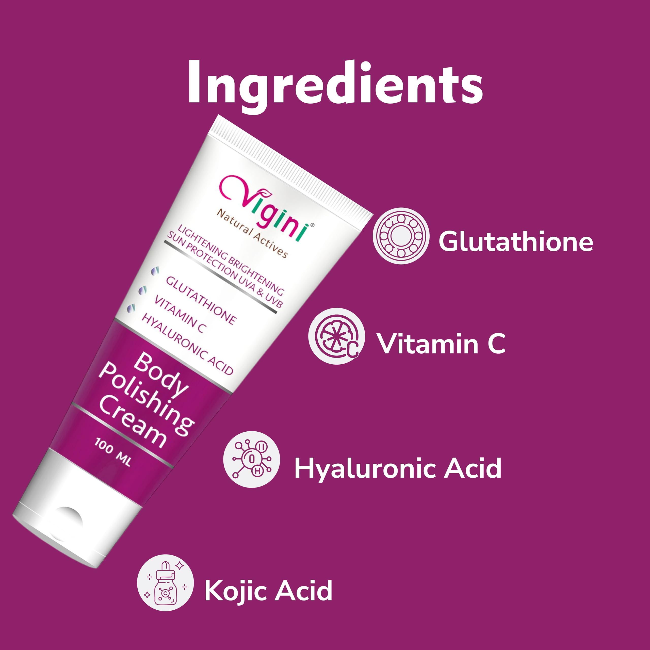 Vigini Brightening & Glowing Body Cream with Kojic Acid & Vitamin C - Dark Spot Corrector for Pigmentation, Uneven Skin Tone & Underarm Brightening - Tan Removal Moisturizer for Men & Women (100ml) - Perfect for Daily Skincare Routine & Post-Sun Care