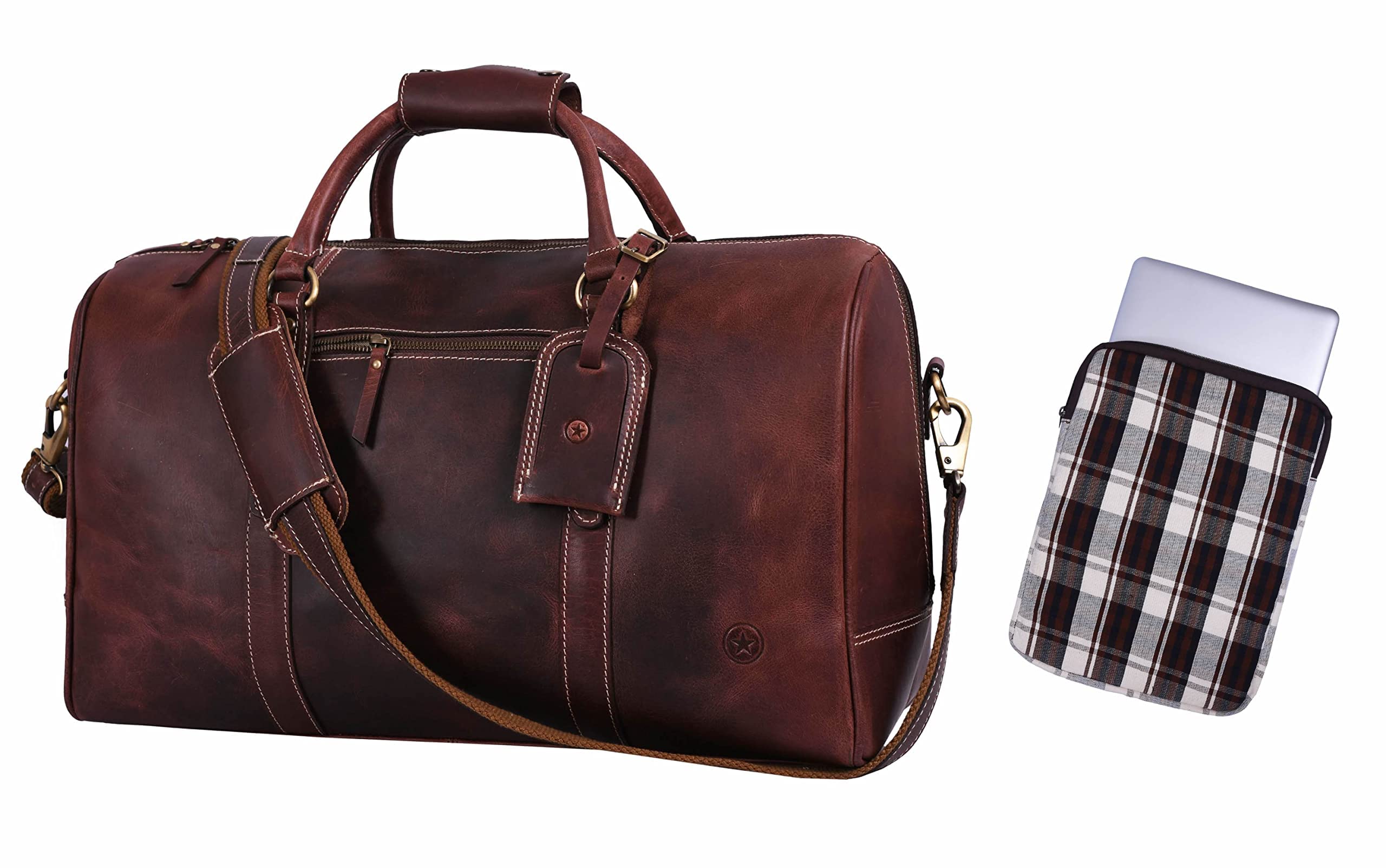 Premium Leather Travel Duffle Bag with Laptop Compartment - Fits 13-13.3 Inch Laptops - Perfect for Business Trips, Gym & Weekend Getaways