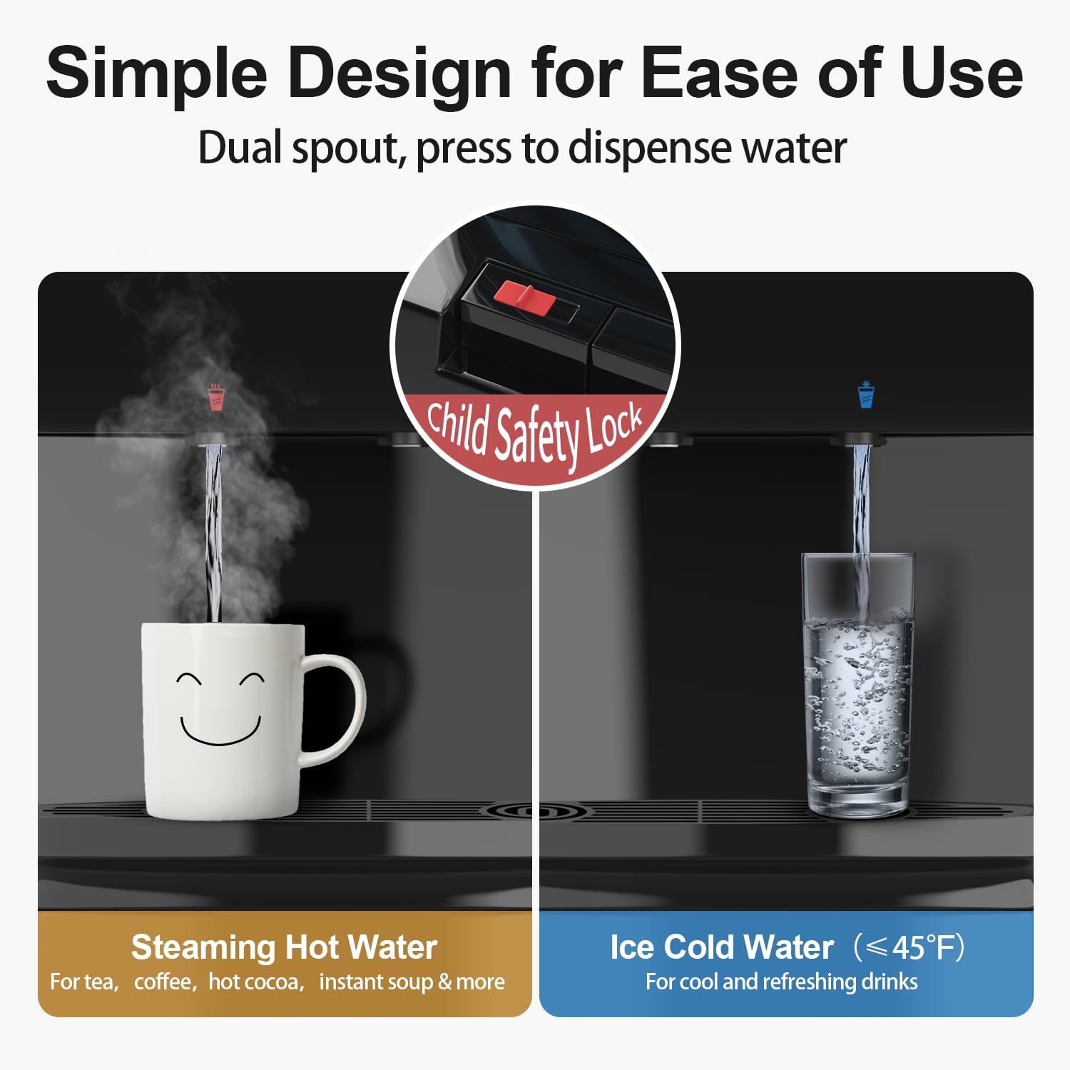 **Hot & Cold Water Cooler Dispenser for 3/5 Gallon Bottles - Child Safety Lock, Quiet Design - Perfect for Home, Office, Living Room & Kitchen**    *(Ideal for Hydration, Entertaining Guests, and Workspace Convenience)*