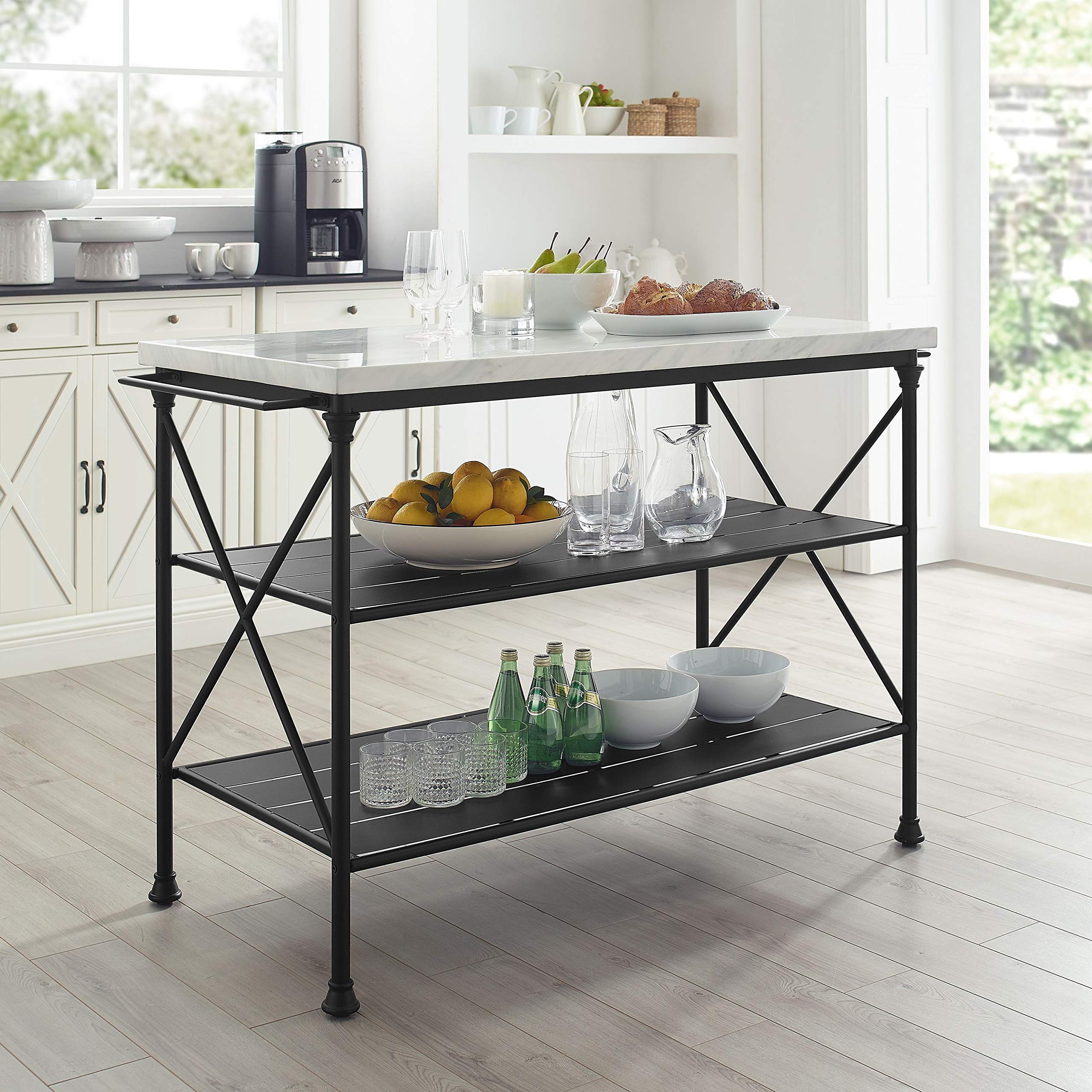 Crosley Madeleine Kitchen Island with Storage Shelves, Microwave Stand & Coffee Bar - Steel Frame with Faux Marble Top for Modern Kitchens, Dining Areas & Small Spaces