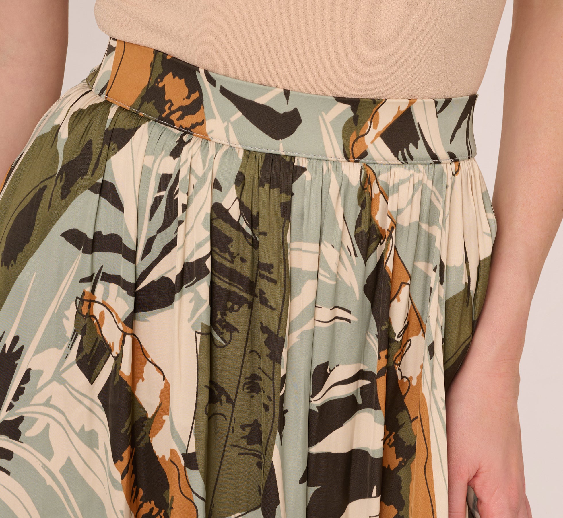 Printed Side Slit A-Line Midi Skirt in Dusty Seamist Abstract Palm - Women's Flowy Summer Skirt for Beach, Vacation & Casual Outfits