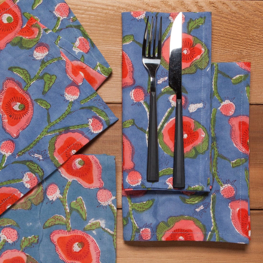 Premium Poppy Block Print Cotton Napkins - Set of 4 for Dining, Parties & Home Decor | Eco-Friendly Table Linens for Everyday Use & Special Occasions