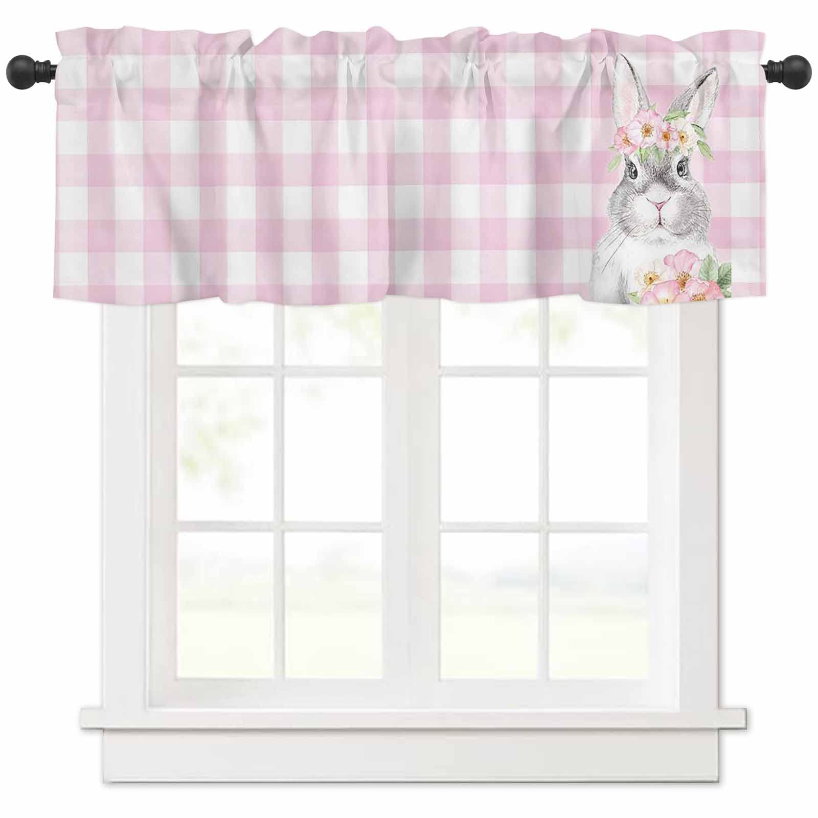 Easter Cute Rabbit Floral Window Valance - Pink Plaid Kitchen & Bedroom Curtain Panel (54 x 18 Inch) | Washable Rod Pocket Valance for Small Windows & Living Room Decor | Perfect for Spring Home Decor & Easter Themed Room