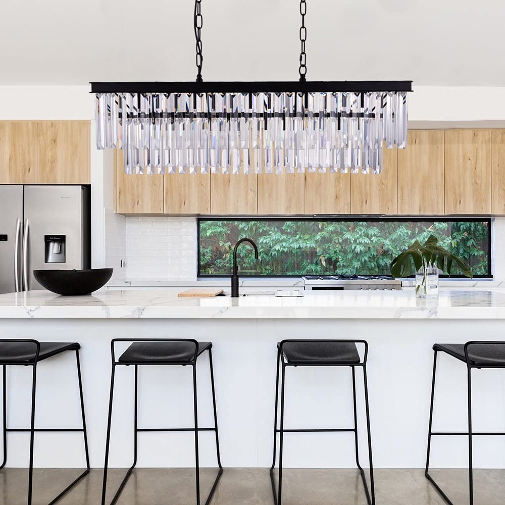 Modern Black Crystal Chandelier - 9-Light Adjustable Rectangle Ceiling Light for Dining Room, Living Room & Kitchen Island | Farmhouse Style Pool Table Lighting Fixture | Elegant Home Decor for Weddings, Restaurants and Luxury Spaces