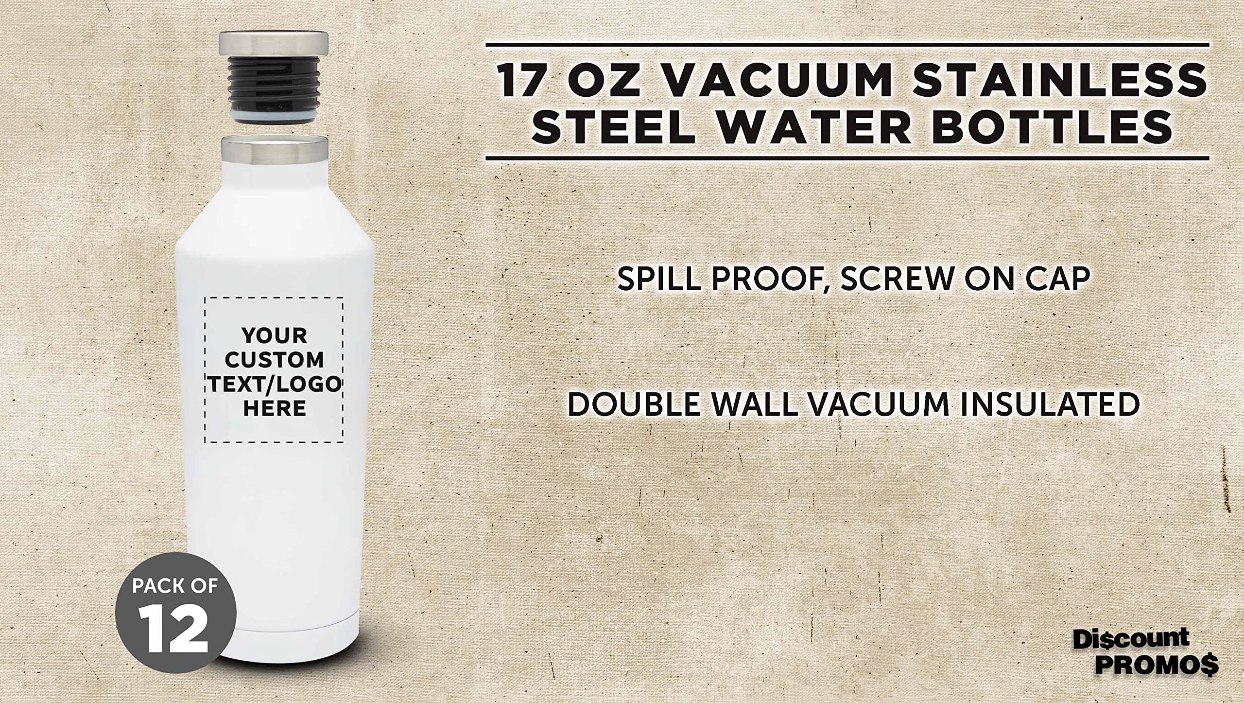 Custom Stainless Steel Water Bottles 17 oz (12 Pack) - Double Wall Insulated, Personalized Bulk Promotional Drinkware - Keeps Coffee, Tea, Soda Hot & Cold - Perfect for Office Gifts, Corporate Events, Gym & Outdoor Activities - White