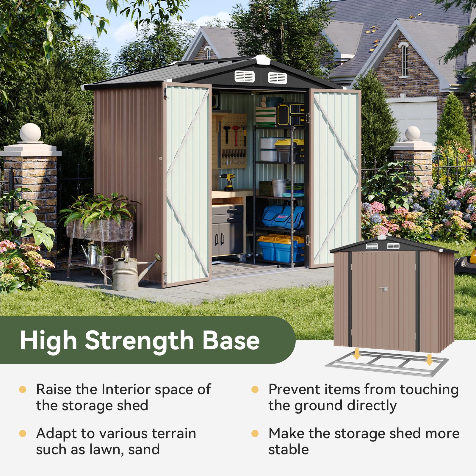 Aoxun 6x3.9 FT Outdoor Storage Shed with Metal Base - Lockable Garden Shed for Tools, Bikes & Backyard Storage | Durable Brown Weather-Resistant Shed for Patio, Poolside & Yard Organization