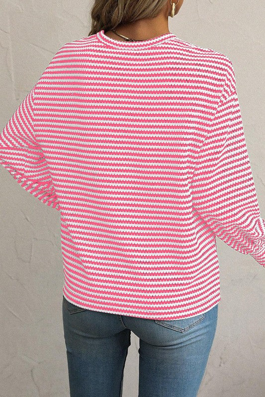 Stylish Striped Round Neck Drop Shoulder Long Sleeve T-Shirt for Women | Casual Comfort Wear | Perfect for Everyday Outfits, Layering & Fall Fashion