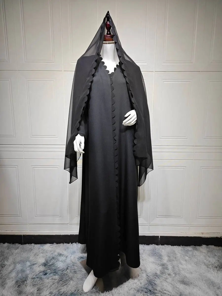 Elegant Open Front Cardigan Abaya Dress with Matching Hijab - Modest Muslim Women's Clothing for Prayer, Mosque & Special Occasions