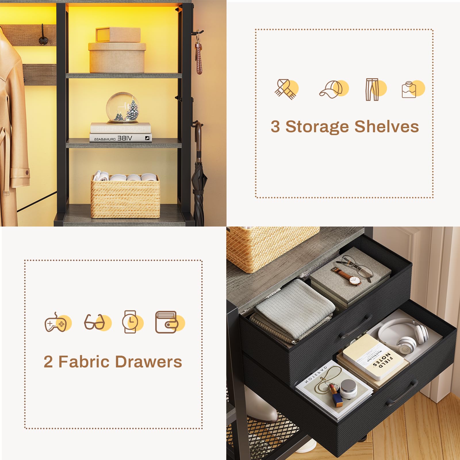 7-in-1 Itaar Hall Tree with Bench & Shoe Storage - Entryway Organizer with Coat Rack, 3 Cubbies, 3 Shelves, 17 Hooks & 2 Fabric Drawers (Oak Grey) - Perfect for Mudroom, Foyer & Small Space Organization