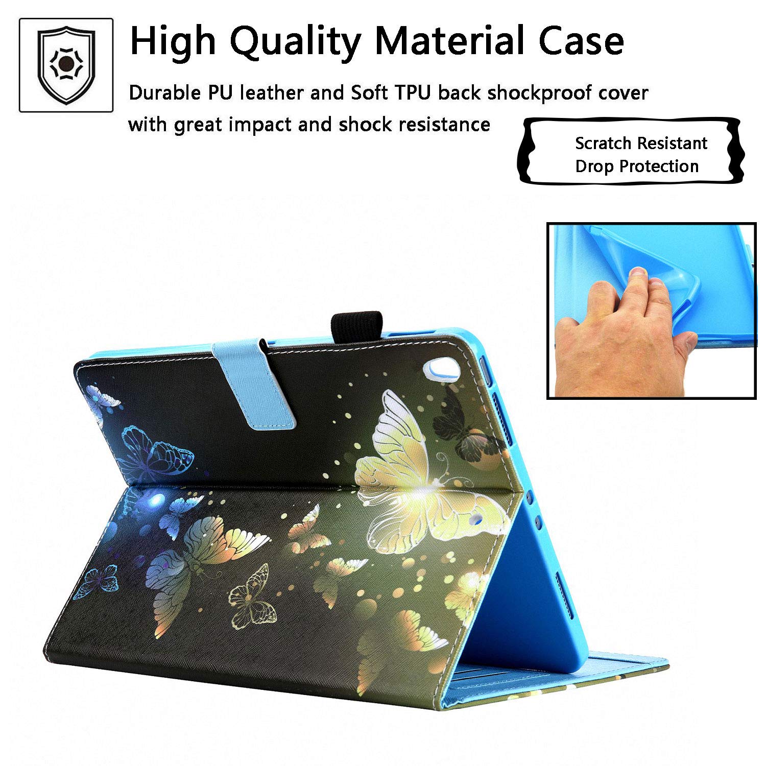 Premium PU Leather Smart Case for iPad 10.5 / iPad Air 3 (2019) / iPad Pro 10.5 (2017) - Auto Sleep/Wake, Stand Function & Pencil Holder - Gold Blue Butterfly Design - Perfect for Work, Study & Travel Protection
