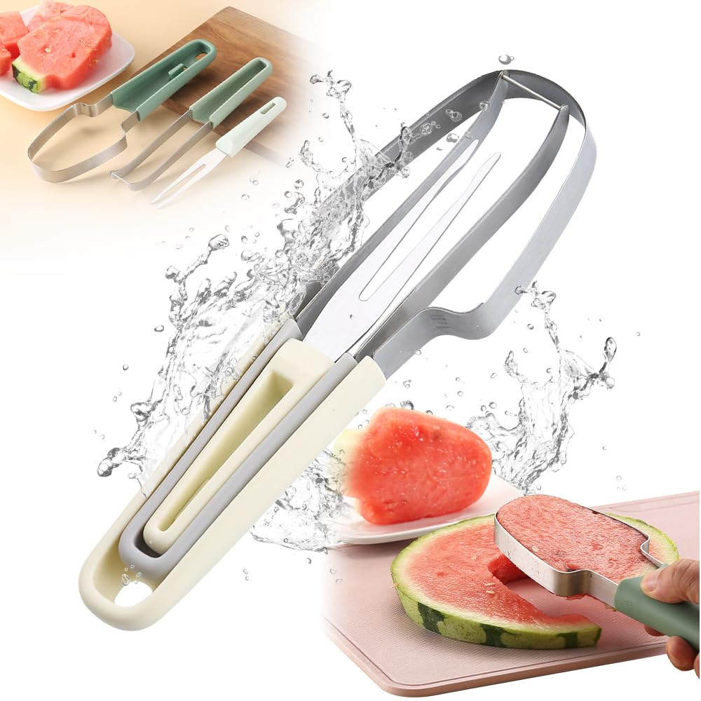 2024 Upgraded 3-in-1 Stainless Steel Watermelon Slicer & Fruit Cutter - Multi-Functional Kitchen Tool for Watermelons, Melons & Pineapples - Perfect for BBQs, Picnics & Summer Parties (1PC)