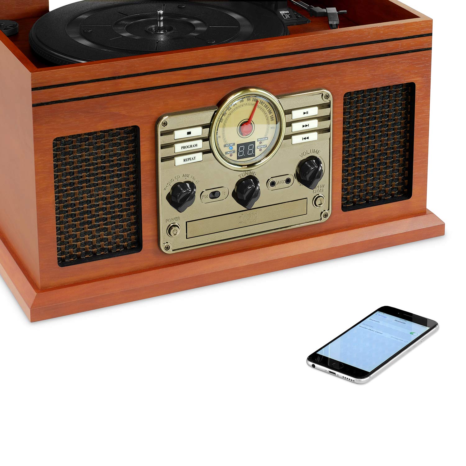 Victrola Nostalgic 7-in-1 Bluetooth Record Player with Built-in Speakers | 3-Speed Turntable, CD & Cassette Player, AM/FM Radio | Wireless Music Streaming | Mahogany Finish | Perfect for Home Entertainment, Vinyl Collection & Retro Music Lovers