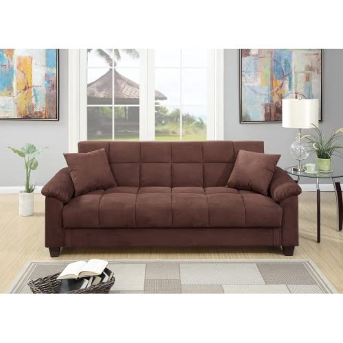 Modern Adjustable Sofa Bed with Storage - Chocolate Brown Microfiber Plush Futon Couch with Throw Pillows - Perfect for Small Spaces, Guest Rooms & Studio Apartments