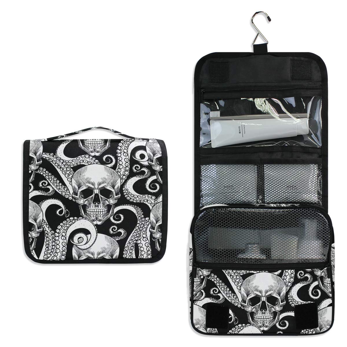 Waterproof Hanging Travel Toiletry Bag - Skull Octopus Design Cosmetic Makeup Organizer for Women & Girls | Perfect for Camping, Gym, Beach Trips & Daily Use