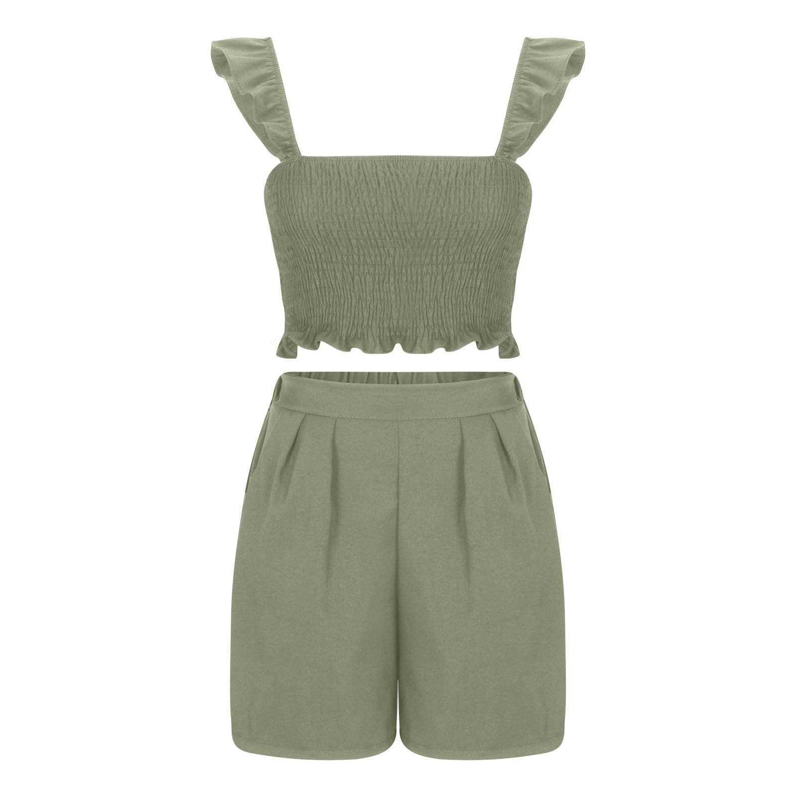 2 Piece Ruffle Summer Outfits for Women | Casual Soft Lounge Matching Sets | Smocked Crop Top & Pants | 2024 Solid Color | Perfect for Beach Vacations, Date Nights & Summer Parties