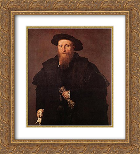 Lorenzo Lotto Museum Art Print - 20x22 Inch Gold Ornate Frame with Double Matting - Elegant Gentleman Portrait with Gloves - Perfect for Living Room, Study, or Office Decor