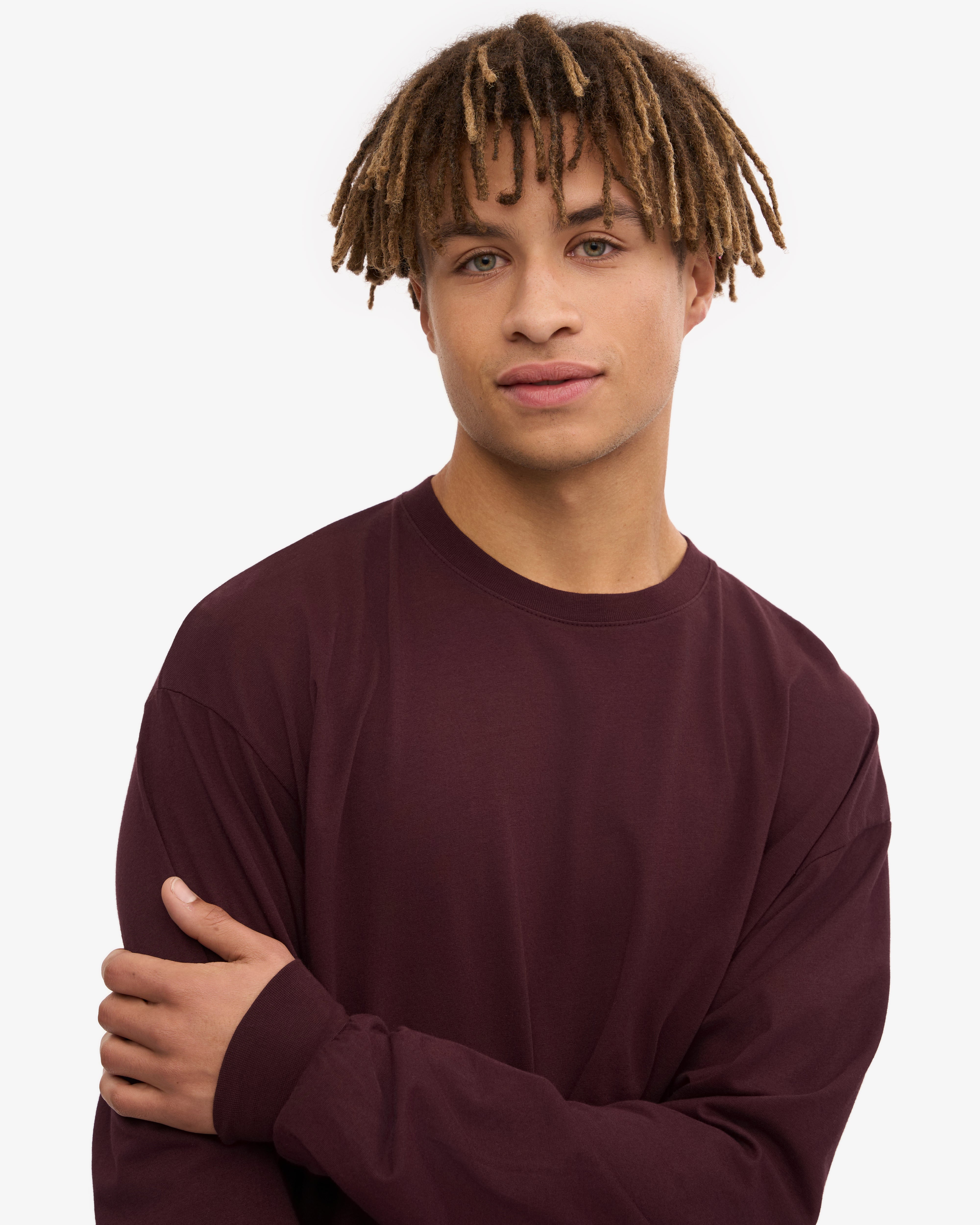 Oversized Organic Long Sleeve T-Shirt for Women - Soft Cotton, Oxblood Red - Perfect for Casual Wear, Layering & Fall Fashion