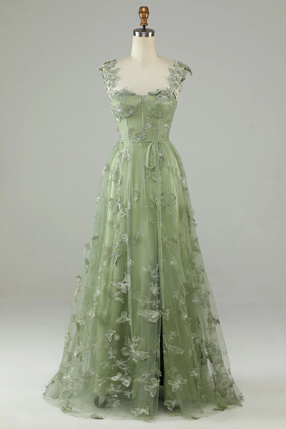 Elegant A-Line Corset Sage Green Long Formal Dress with 3D Butterflies - Perfect for Prom, Evening Gala & Special Occasions