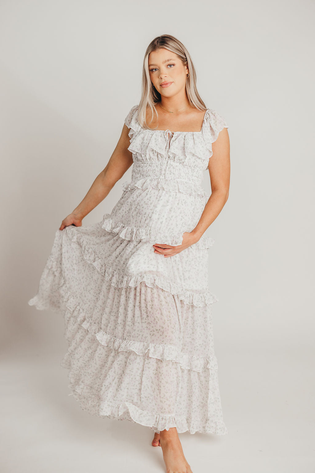 Astrid Ruffle Detail Maxi Dress - Lavender Floral Maternity Dress for Bump Friendly Comfort | Perfect for Baby Showers, Summer Weddings & Beach Vacations