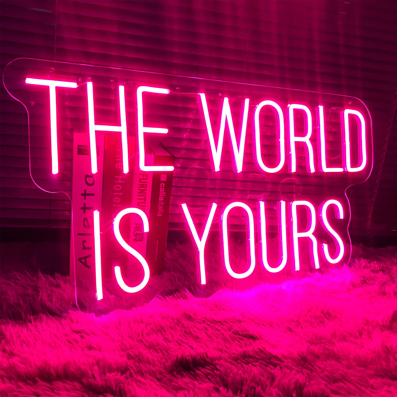 The World Is Yours LED Neon Sign - 25.9×13.4 Inch Pink Acrylic Light Up Wall Decor for Bedroom, Living Room, Office, Bar | Perfect for Christmas, Parties, Weddings & Gifts
