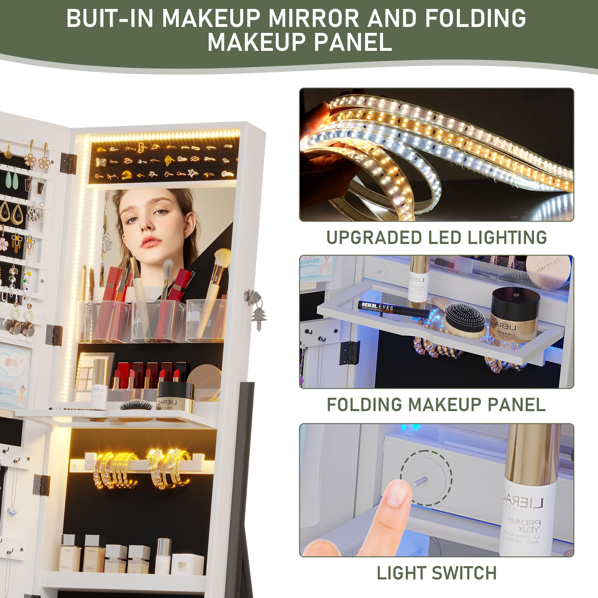 Full-Length LED Standing Mirror with Jewelry Storage - Smart Touch Control, 6 Color Lighting Options, Lockable Cabinet & Removable Wheels for Bedroom, Dressing Room, and Closet Organization