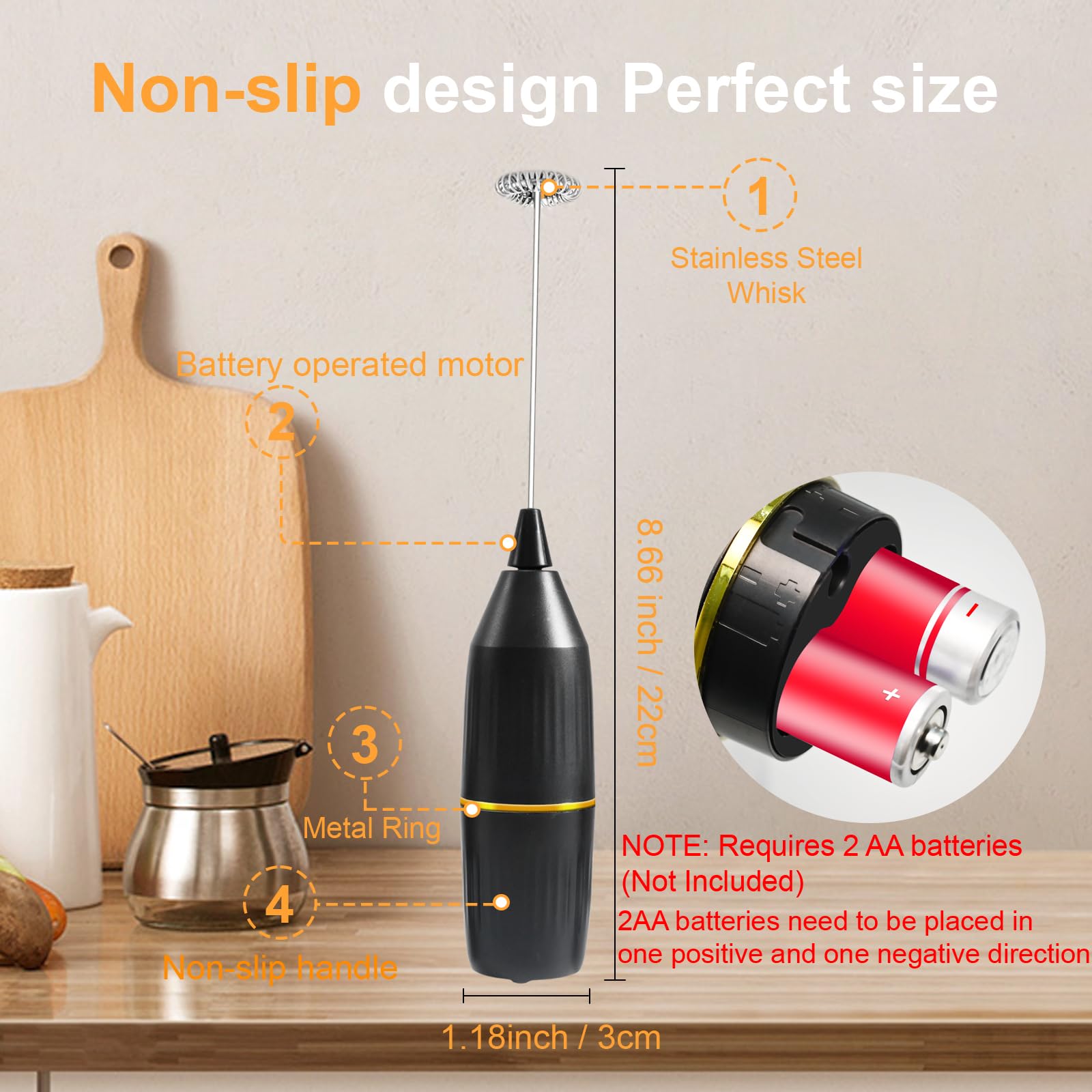 Premium Handheld Milk Frother 2-Pack - Electric Drink Mixer & Foam Maker for Coffee, Latte, Cappuccino, Matcha, Hot Chocolate - Perfect for Home Barista, Coffee Shops & Kitchen Use (Black) - Ideal Coffee Accessories Gift Set