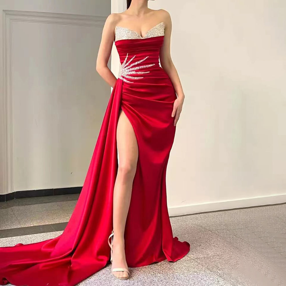 Elegant Pink Satin Beaded Mermaid Evening Gown with High Split Overskirt for Women - 2025 Party Dress LA71615 | Perfect for Prom, Gala, Wedding & Formal Events
