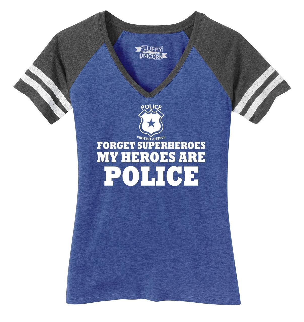 Funny Women's V-Neck T-Shirt - 'Forget Superheroes, Police Are My Heroes' Graphic Tee | Casual Wear, Costume Party, Gift Idea