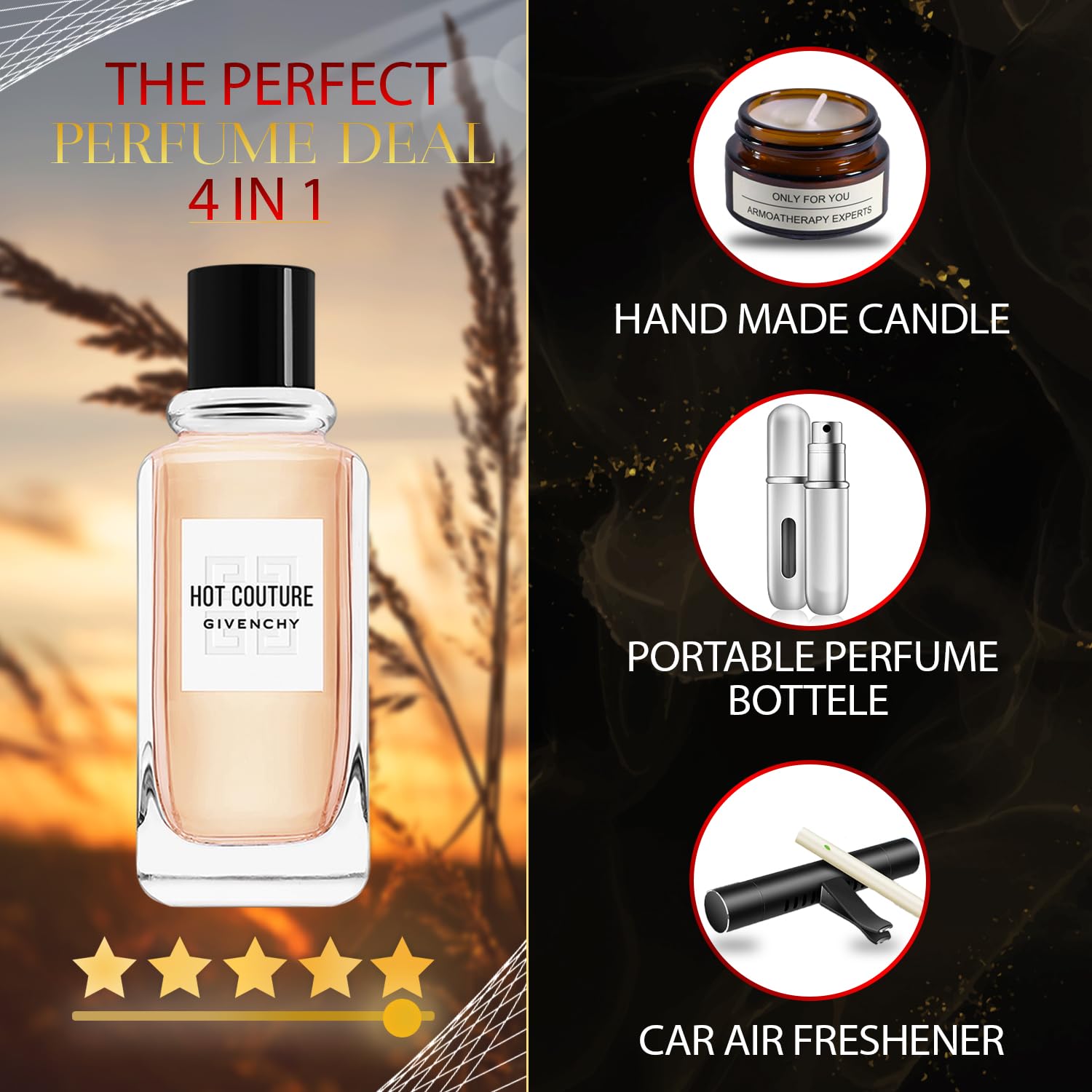 Luxury Women's Perfume Gift Set - Hot Couture Eau De Parfum Spray 3.3oz with Lavender Soy Candle, Car Fresheners & Travel Atomizer | Romantic Date Night, Anniversary Gift, Birthday Present for Her