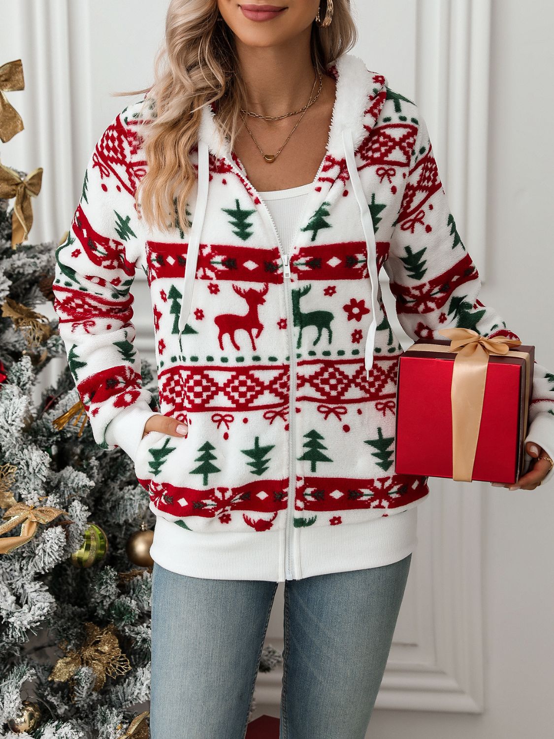 Christmas Drawstring Zip-Up Hooded Jacket - Cozy Holiday Pullover for Winter Outfits & Festive Gatherings