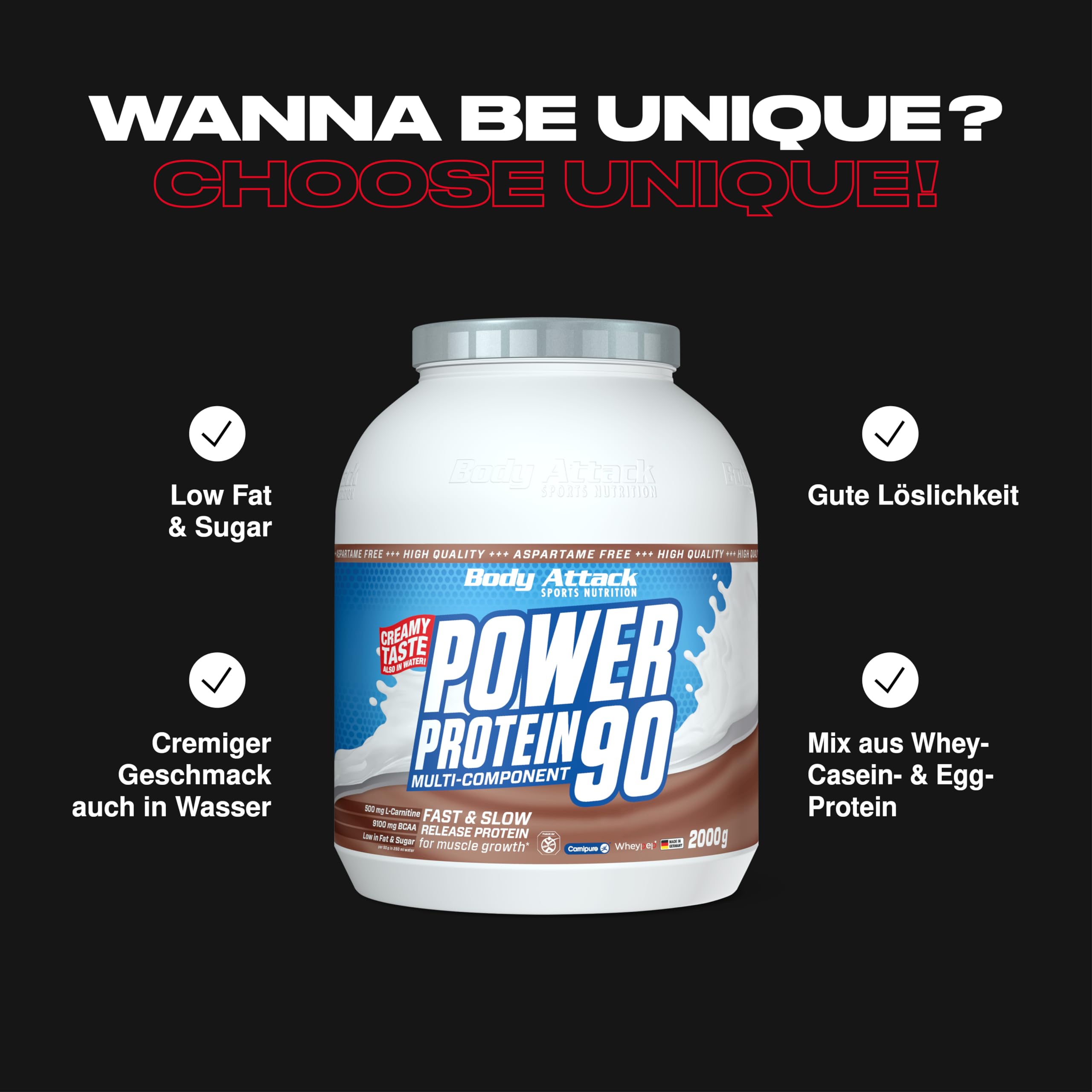 Body Attack POWER PROTEIN 90 - Cookies & Cream Flavor - 2kg Multi-Component Protein Powder with BCAA, Vitamins & L-Carnitine - Made in Germany - Creamy Protein Shake for Muscle Recovery & Post-Workout Nutrition