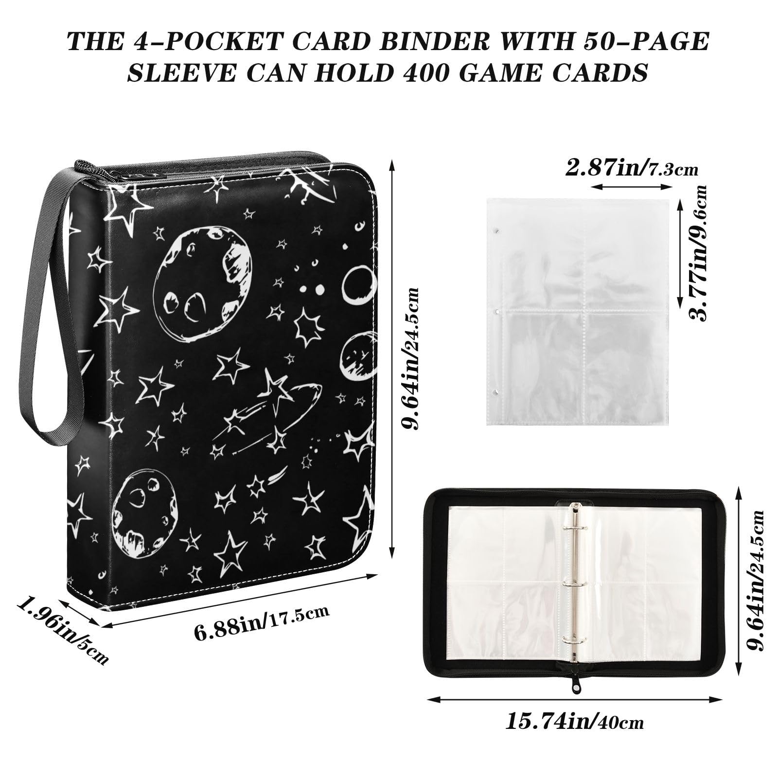 Space Planets Stars Black 4-Pocket Trading Card Binder with 50 Removable Sleeves - 3-Ring Card Album Holds 400 Cards - Perfect for Sports, Gaming & Collectible Cards - Ideal for Boys, Girls & Card Game Enthusiasts
