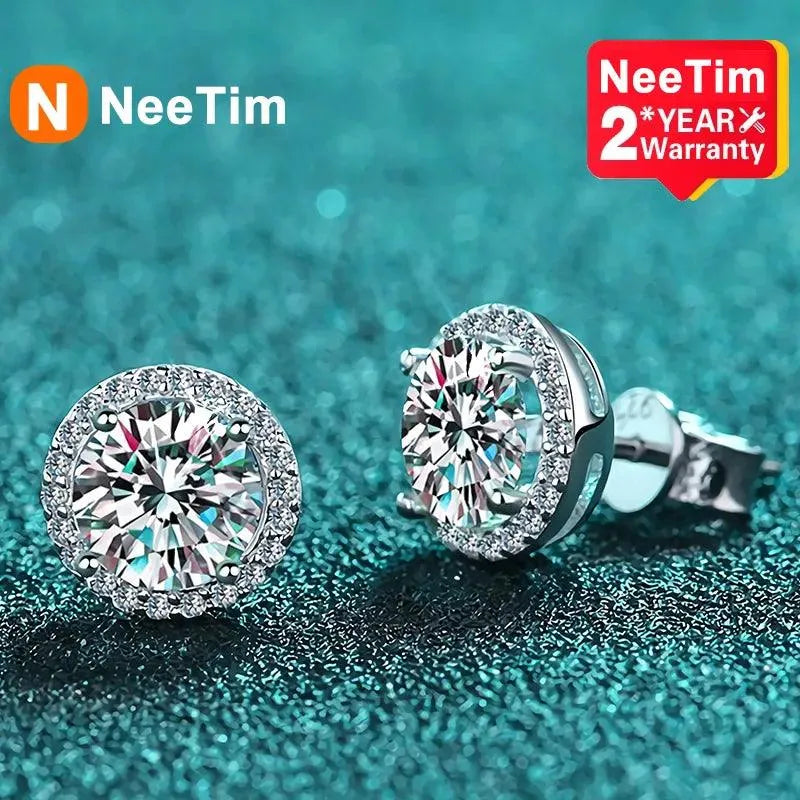NeeTim Moissanite Stud Earrings for Women - 925 Sterling Silver White Gold Plated Diamond Simulated Earrings | Wedding, Anniversary, Birthday Gift | Elegant Everyday Jewelry for Work & Special Occasions