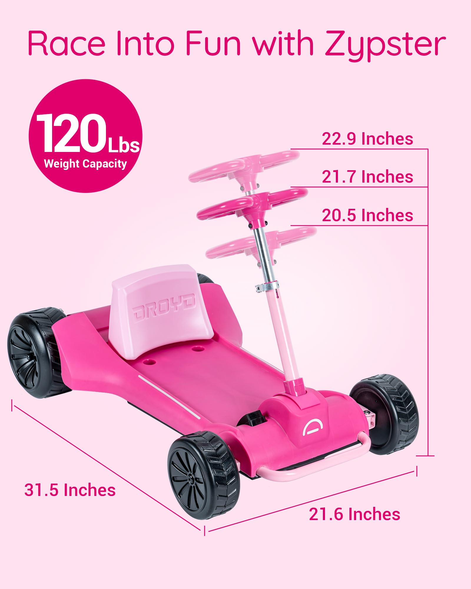 Droyd Zypster Electric Go Kart for Kids - 25V Lithium Ion Battery, Dual 50W Brushed DC Motor (3-6 MPH) - Adjustable Height & Seat - Parental Control - Safe Ride On Toy for Boys & Girls - Perfect for Backyard Fun, Birthday Gifts & Outdoor Adventures