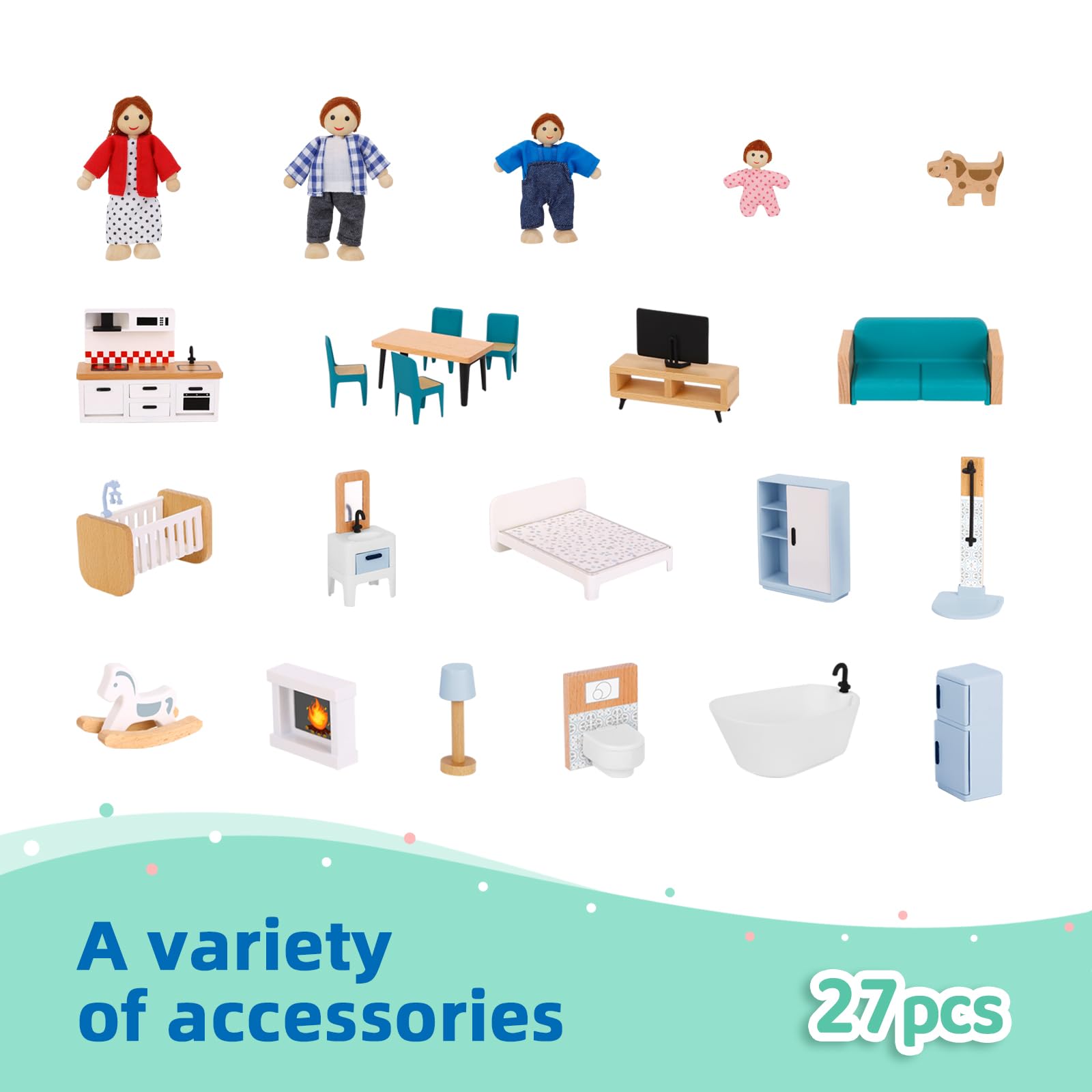 Wooden Dollhouse for Kids with Luxury Furniture Set - Includes 4 Family Dolls & Pet Dog - Perfect for Girls & Toddlers Pretend Play, Birthday Gifts & Home Decor