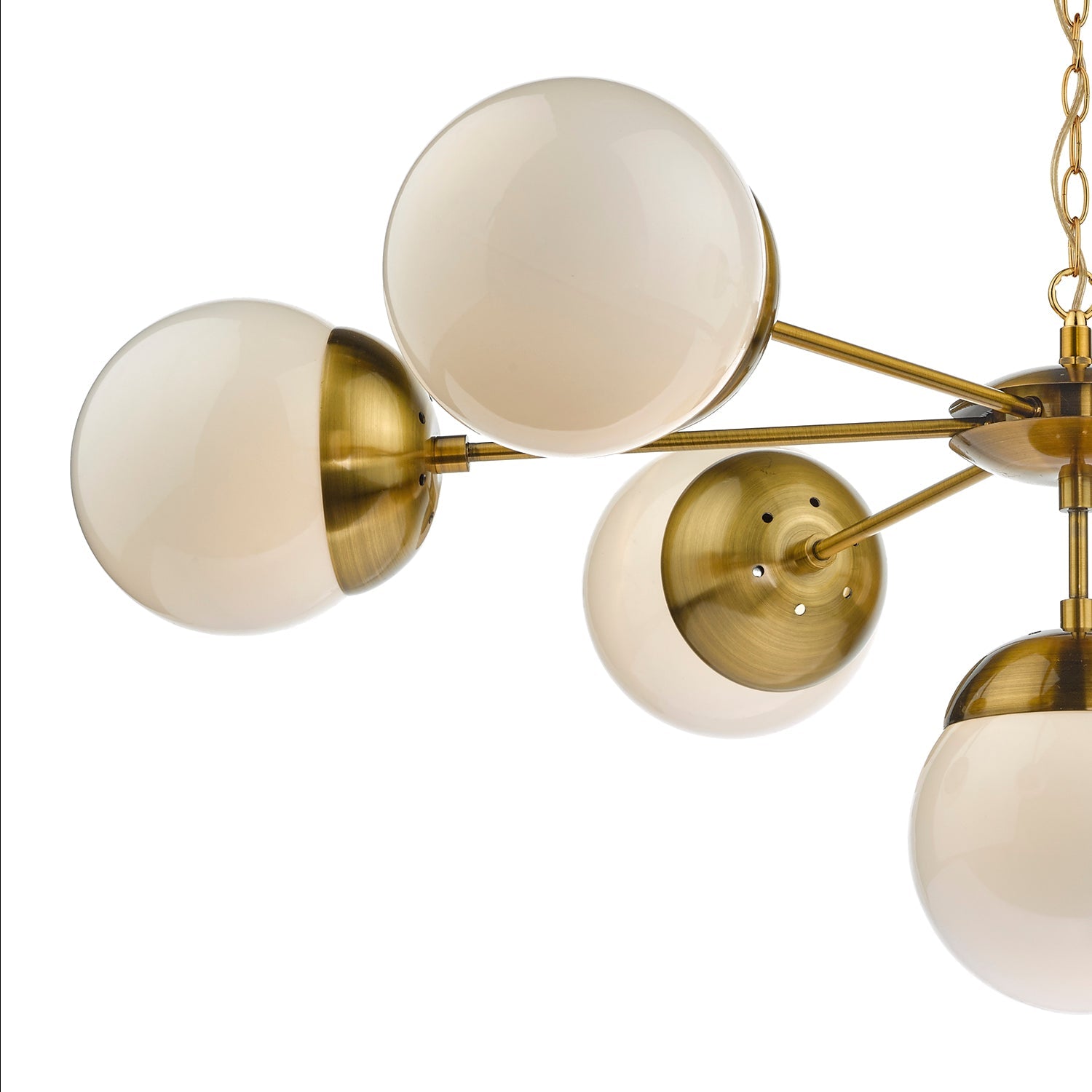 7Lt Bombazine Ceiling Light Fixture in Natural Brass & White Opal Glass - Perfect for Living Room, Bedroom, and Dining Room Lighting