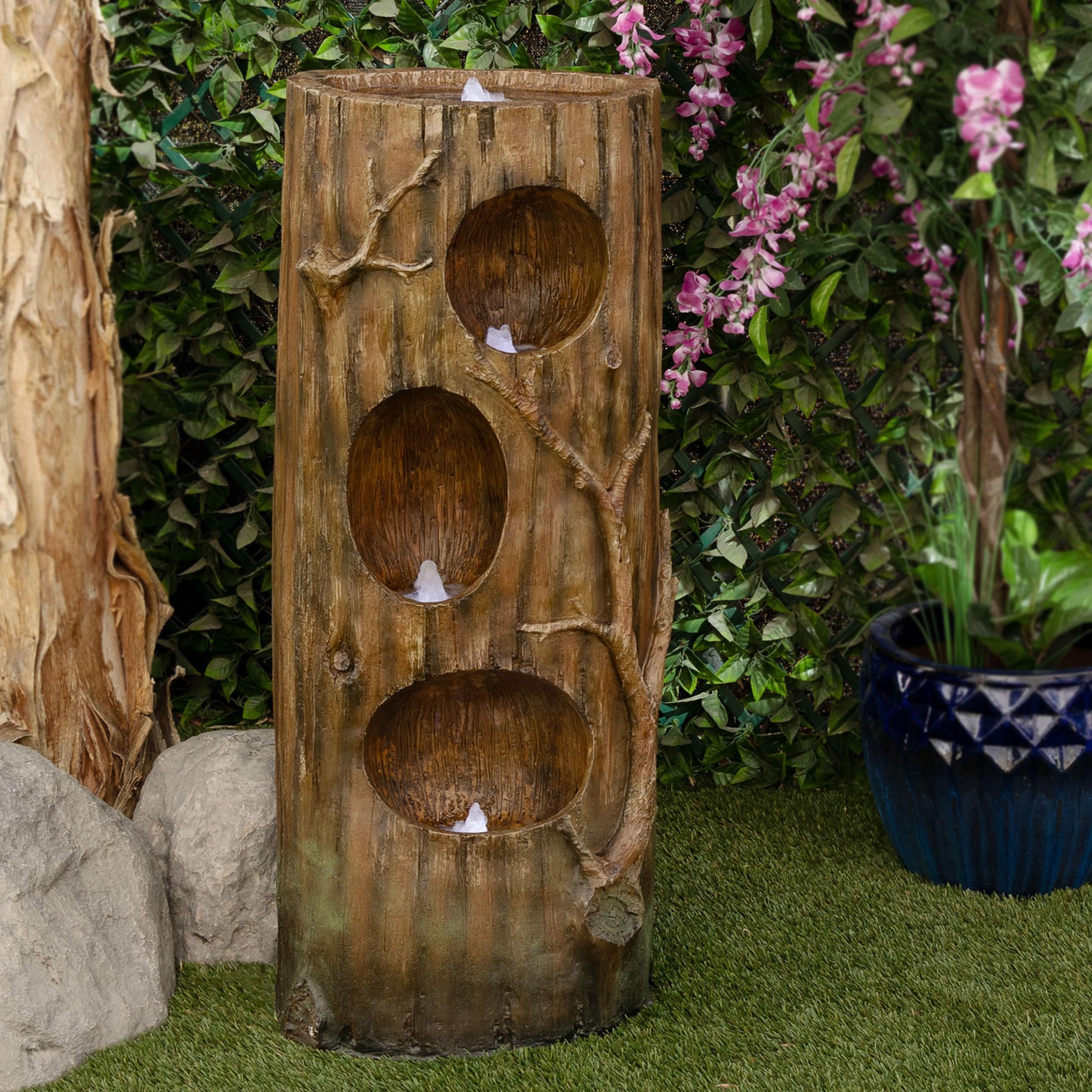Alpine Corporation 4-Tier Tree Trunk Water Fountain with LED Lights - Outdoor Garden Decor, Patio Waterfall Feature for Relaxing Backyard Ambience