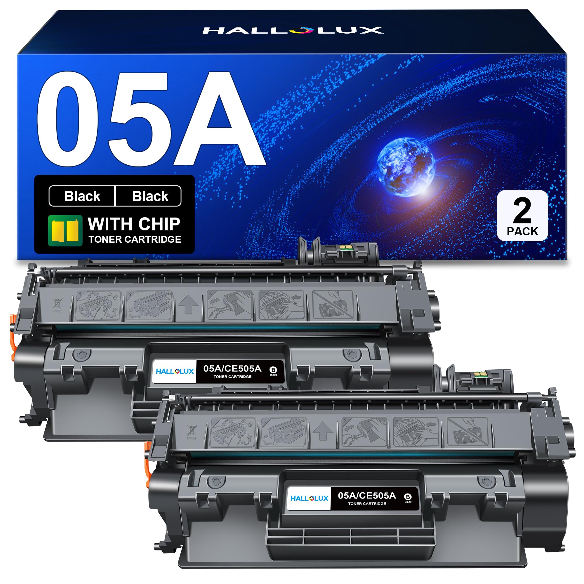 HALLOLUX 05A Toner Cartridge - Compatible with HP 05A CE505A - Works for HP P2035 P2035N P2055DN P2055D P2030 P2050 P2055X Printers - High Yield Black Toner (2-Pack) - Perfect for Office & Home Printing Needs