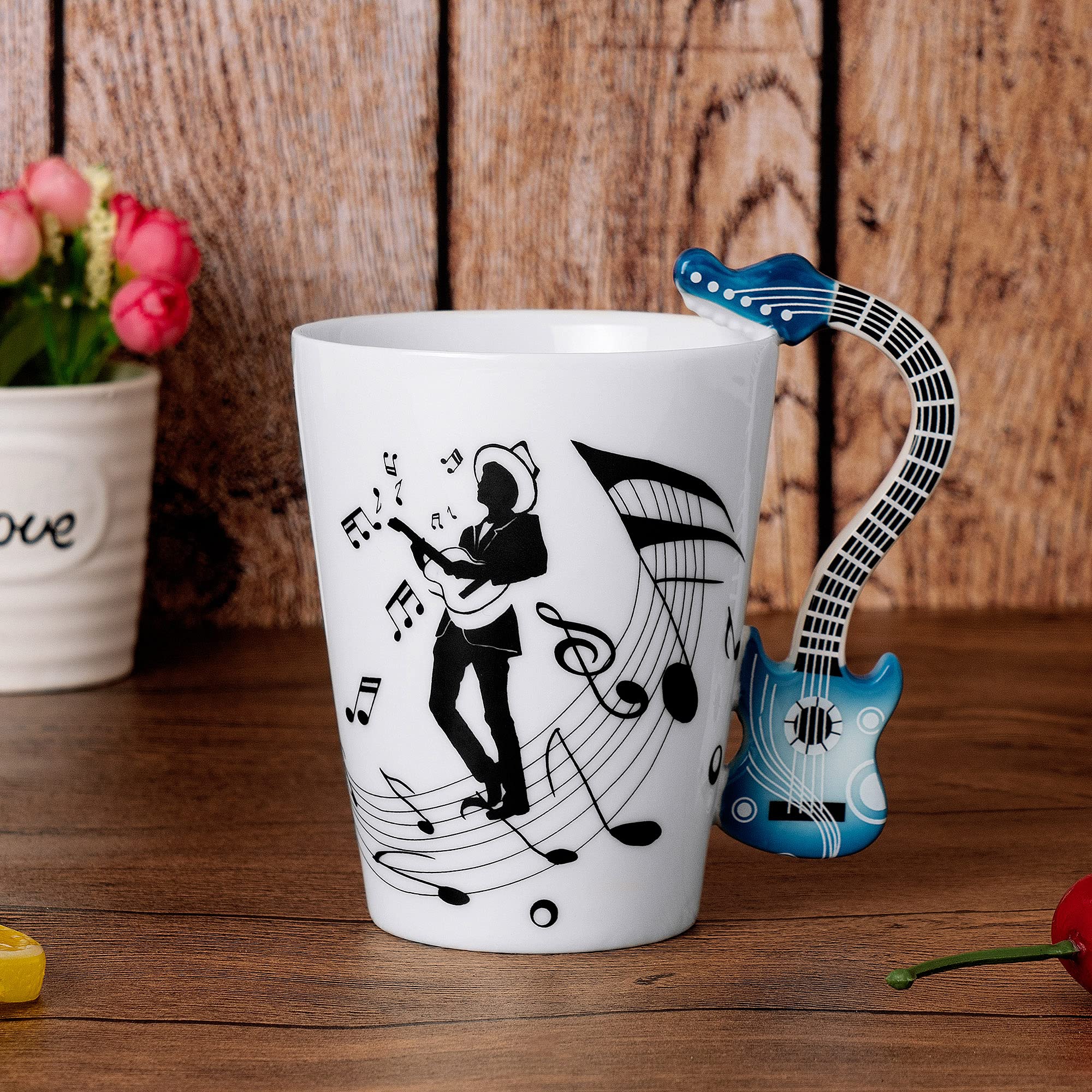 13.5 oz Guitar Shaped Coffee Mug - Perfect Music Gift for Guitar Players & Musicians - Ceramic Cup for Guitar Lovers - Ideal Birthday & Christmas Present for Men & Women (Blue) - Great for Coffee, Tea or Office Desk Decor