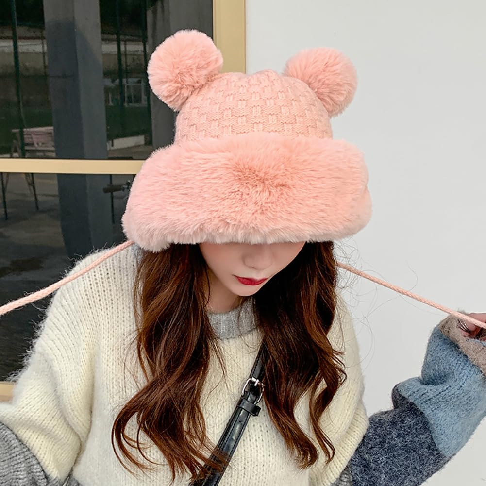 Women's Winter Pompom Beanie Hat - Soft Fluffy Knit Faux Fur Crochet Skull Cap with Ear Warmers for Cold Weather | Cozy Outdoor Activities, Snow Days & Fashion Accessory