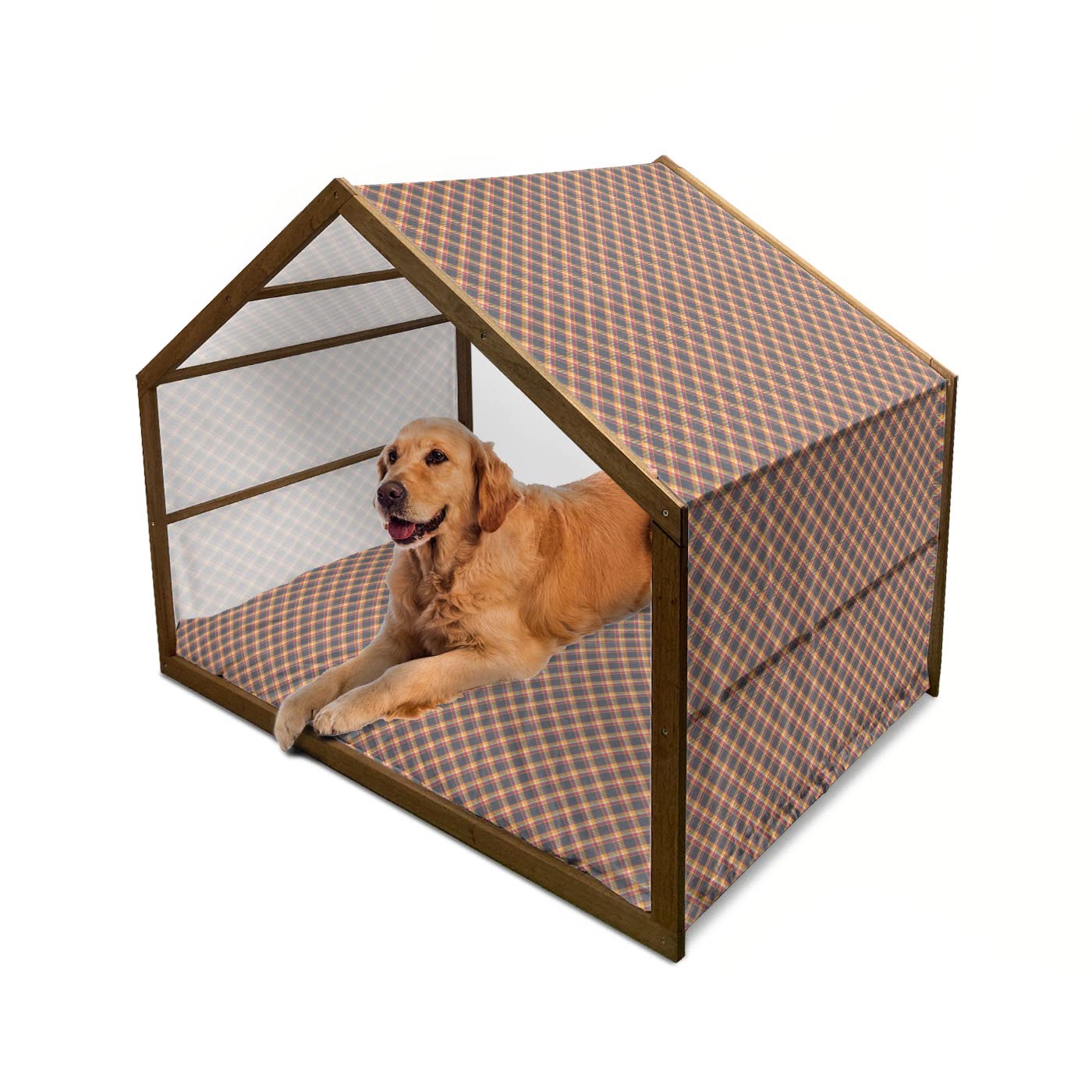 Ambesonne Tartan Wooden Dog House - British Traditional Design Classic Country Style Checkered Pattern Indoor & Outdoor Portable Dog Kennel with Pillow & Cover, 2X-Large, Charcoal Grey Marigold - Perfect for Backyard, Patio, Garden & Home Decor